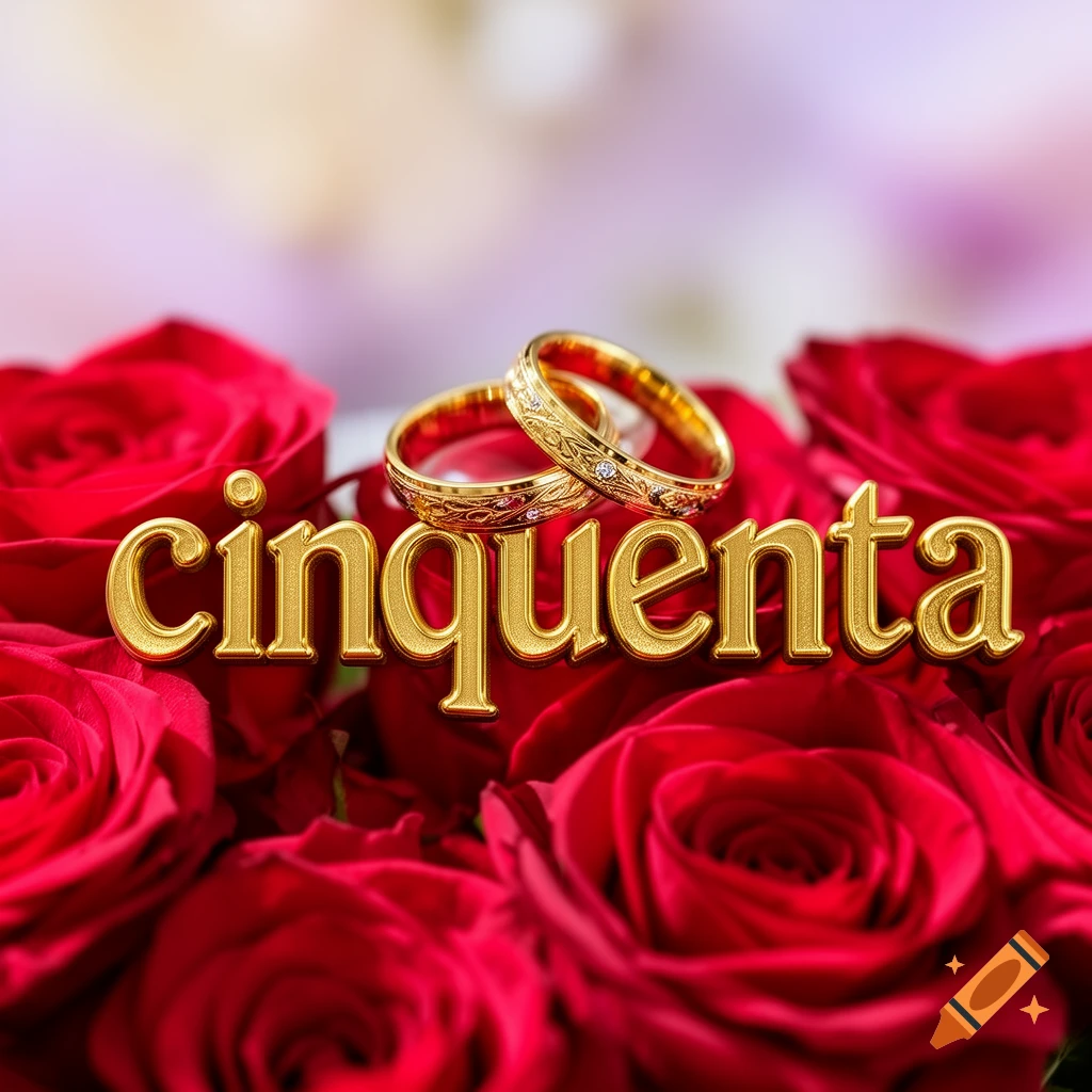 Two golden wedding rings rest on a bed of red roses, with the golden word "cinquenta" (fifty) in the foreground.