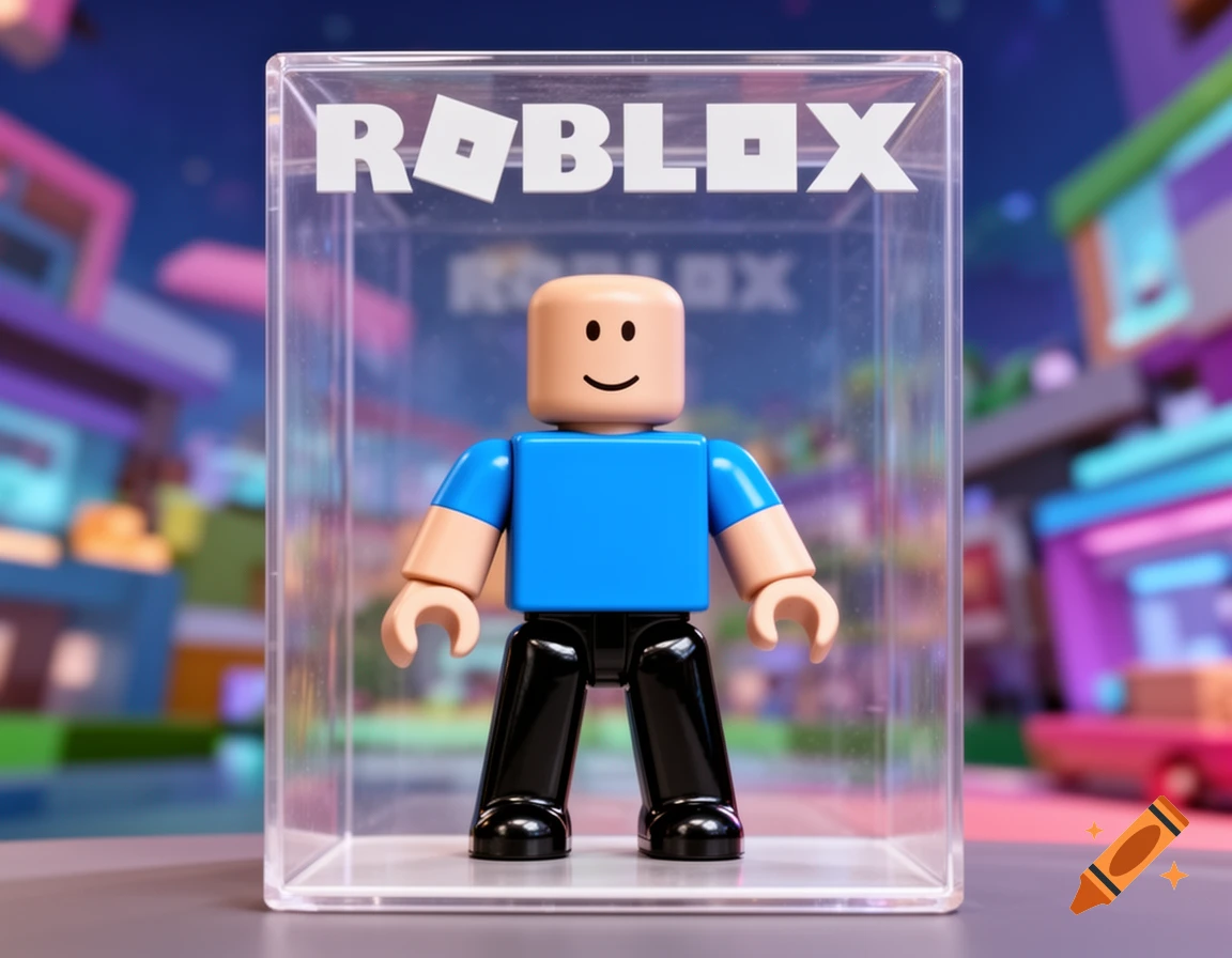 A Roblox toy with a light brown head, blue shirt, and black pants stands in a clear plastic case, set against a blurred, colorful background.
