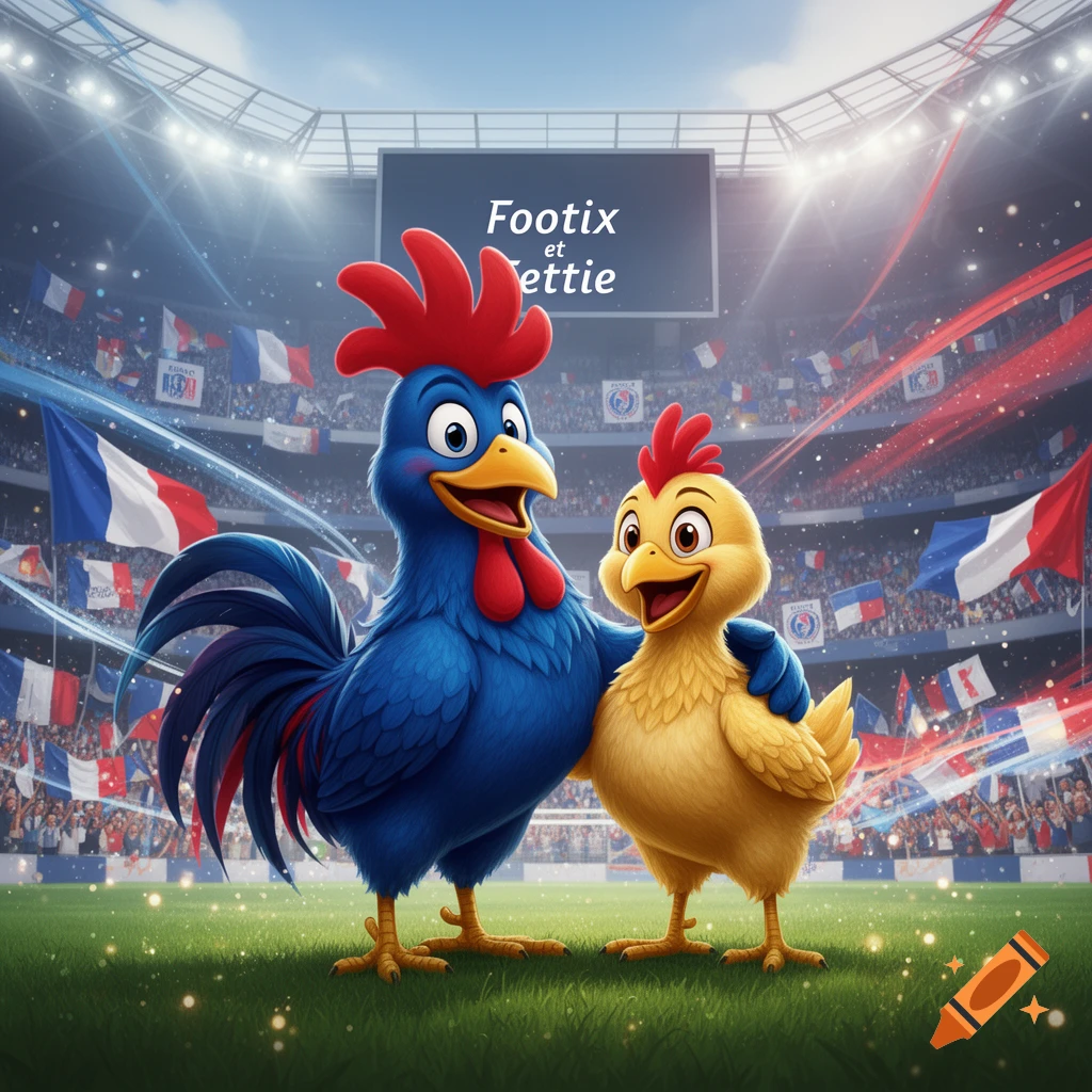 Cartoon mascots, a blue rooster named Footix and a yellow chick named Ettie, hug on a stadium pitch with French flags.
