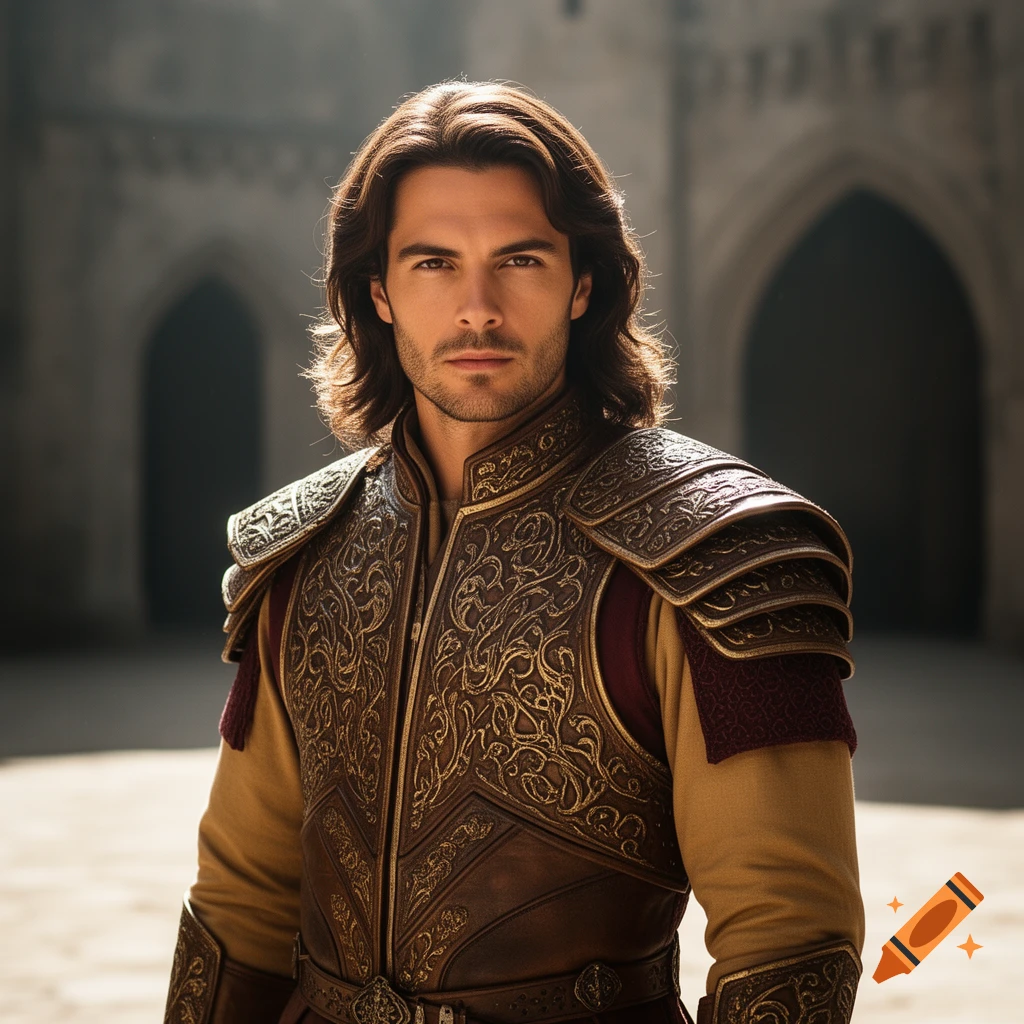 A photorealistic portrait of a man with long dark hair and a beard, wearing an ornate warrior-prince outfit, against a blurred castle background.