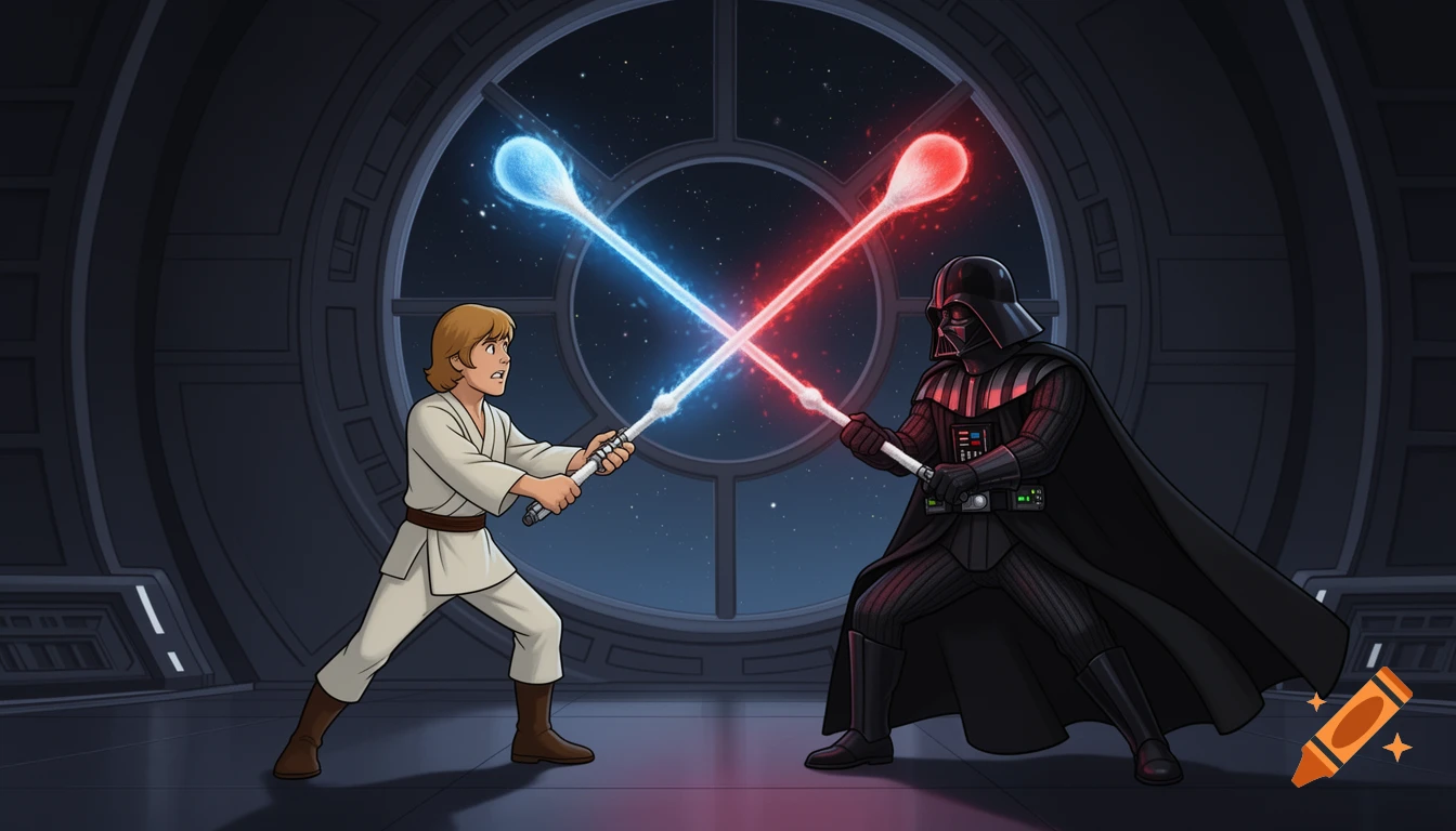Luke Skywalker and Darth Vader duel with glowing Q-tips in a 1990s cartoon style inside the Death Star throne room.