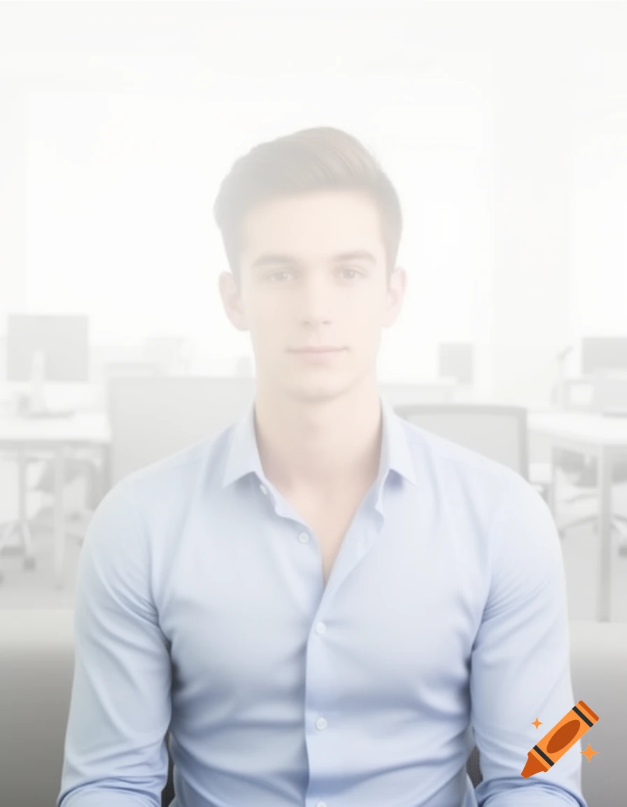 A young man in a light blue shirt with dark hair, looking directly at the viewer in a brightly overexposed office setting.