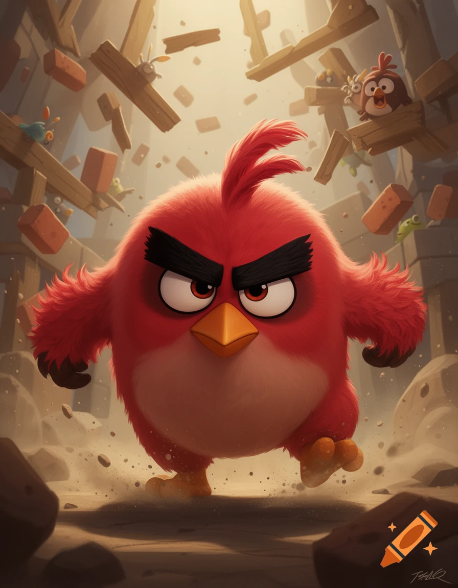 Red from Angry Birds charging, kicking up dust amid collapsing wooden structures and bricks. Other birds and pigs are in the background.