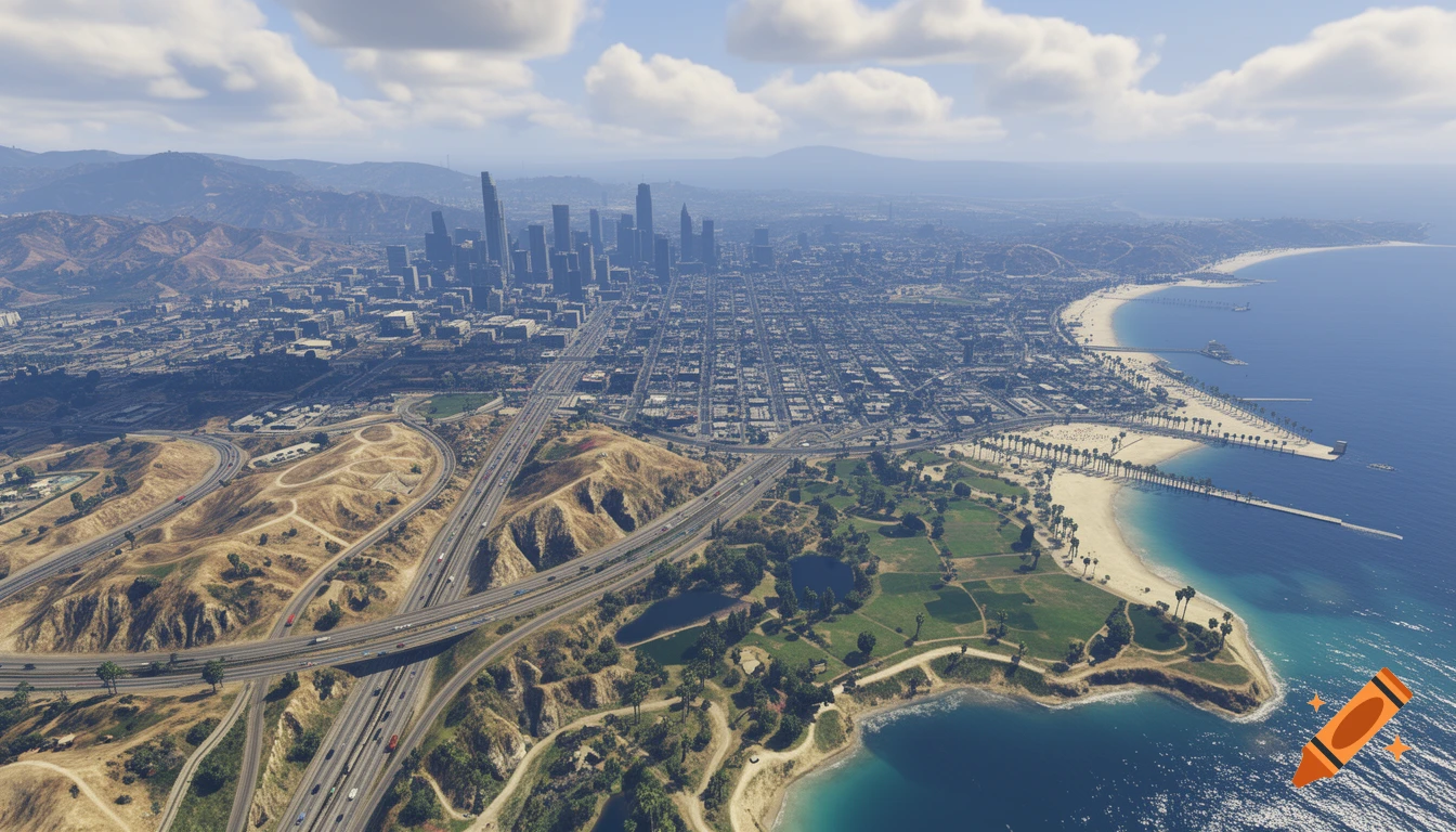 Aerial view of a sprawling coastal city with a dense downtown, intricate highways, beaches, and mountains under a partly cloudy sky, characteristic of a video game.