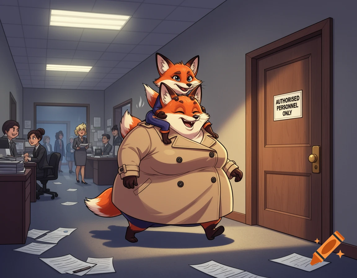 Two cartoon foxes, one on the other's shoulders in a trenchcoat, sneak through an office past busy coworkers, toward a door marked 'Authorized Personnel Only'.