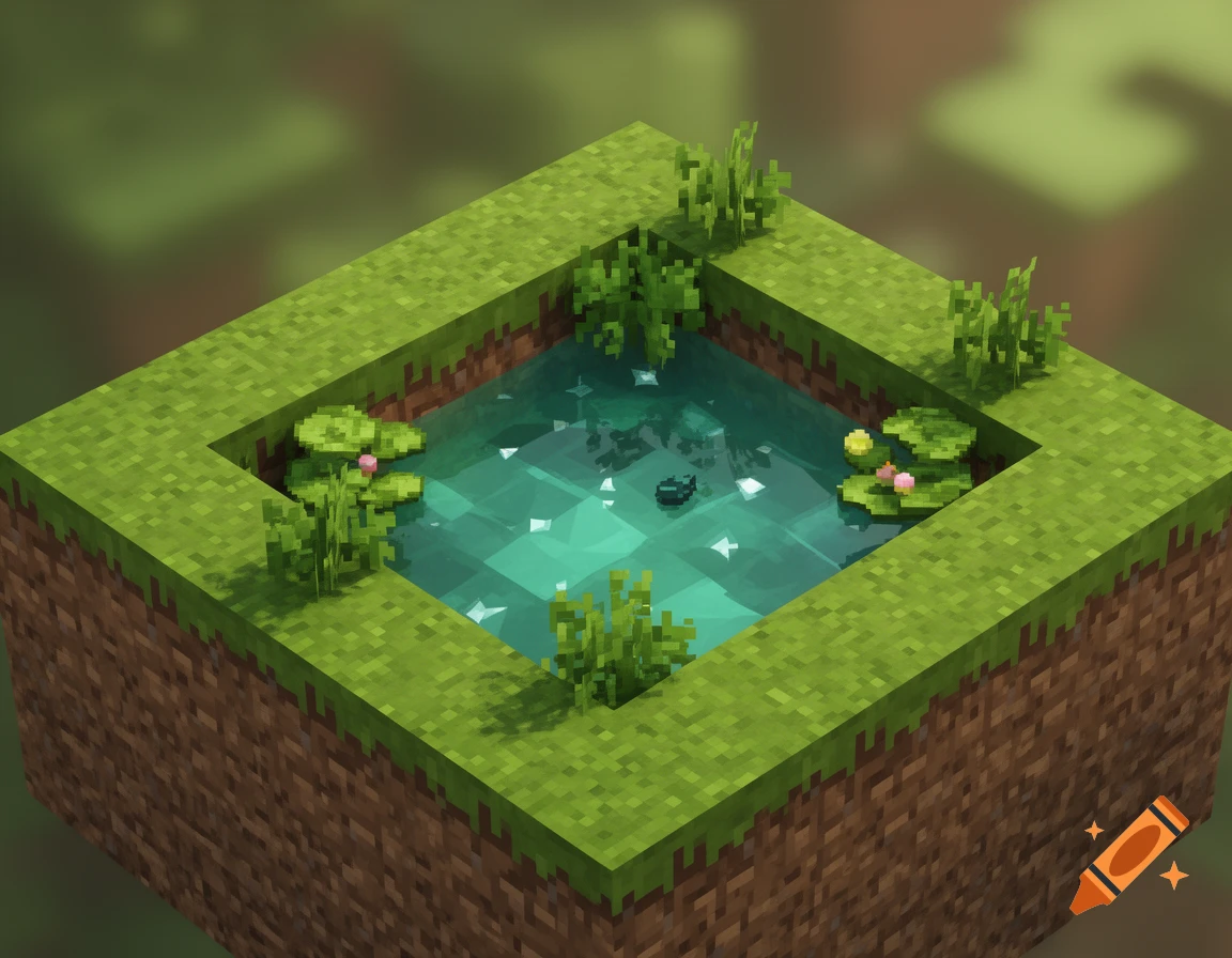 Isometric pixel art shows a Minecraft-style earth block with a small pond, lily pads, and grass.