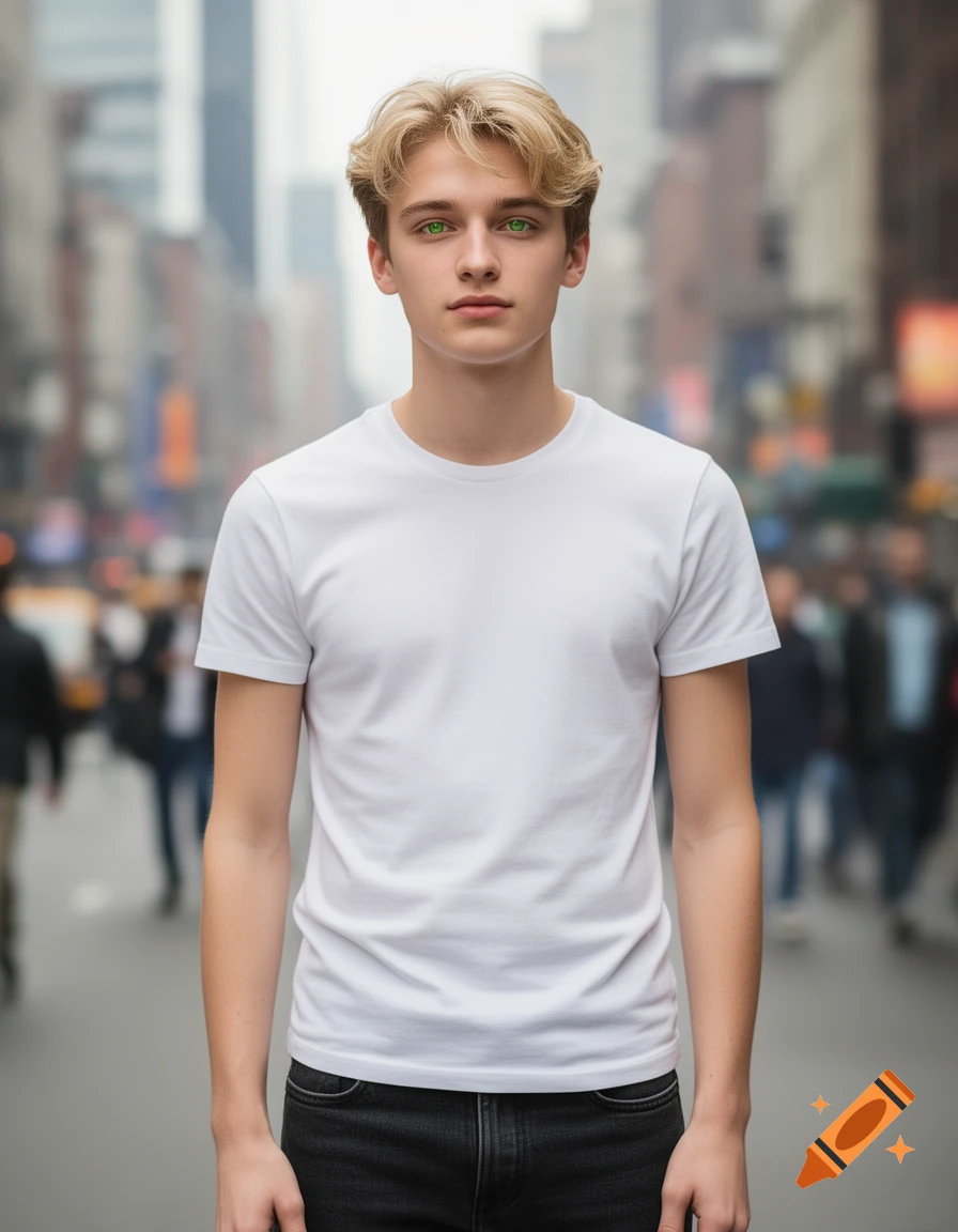 A young blonde man with vibrant green eyes stands on a city street, wearing a white t-shirt and dark jeans.