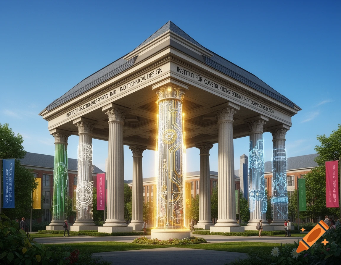 Photorealistic image of a classical-style pavilion building with columns, some of which glow with circuit-board patterns. Text on the facade reads "INSTITUT FÜR KONSTRUKTIONSTECHNIK UND TECHNICAL DESIGN". People walk around in a sunny park setting.