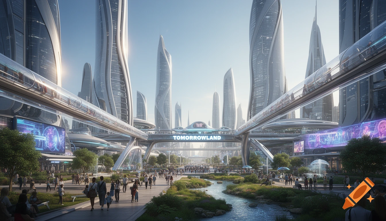 A vibrant, futuristic cityscape with towering, organic-shaped skyscrapers, a monorail, a river, and many people enjoying a park. A large sign reads "TOMORROWLAND".
