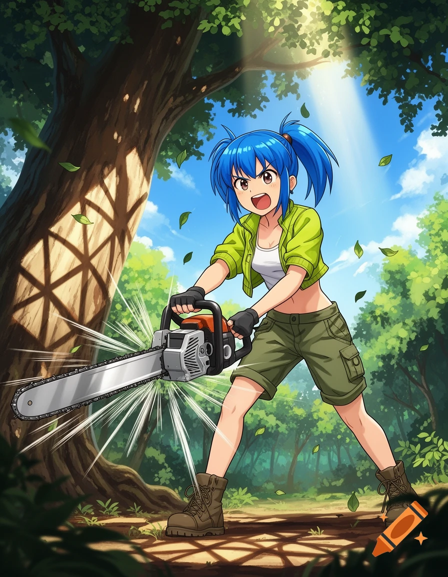 Anime girl with blue pigtails, wearing a green jacket and shorts, holding a chainsaw in a sunny forest.