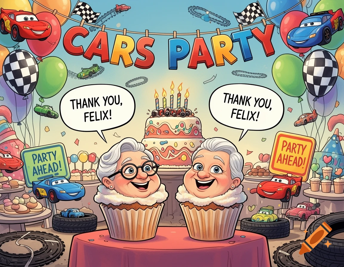 Cartoon image of a Cars-themed birthday party with a "CARS PARTY" banner. Two smiling elderly caricatures, resembling grandparents, emerge from cupcakes, with speech bubbles saying "THANK YOU, FELIX!"