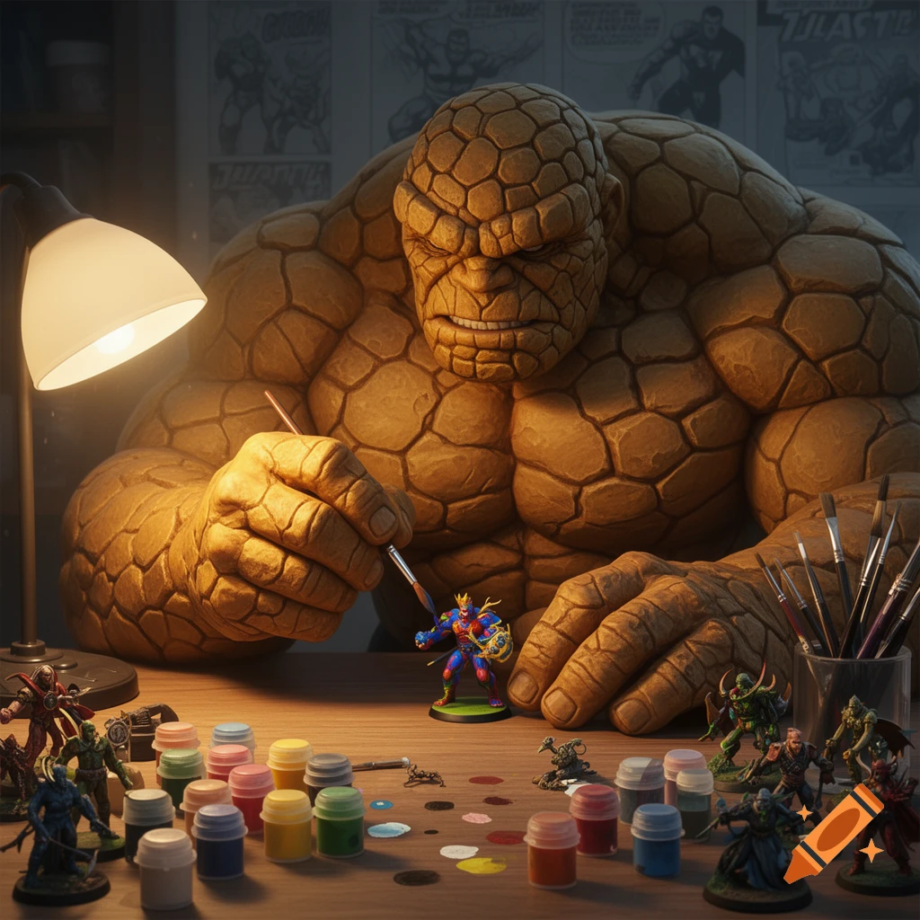 The Thing from Fantastic Four carefully paints a colorful miniature figurine for a tabletop RPG on a cluttered desk.
