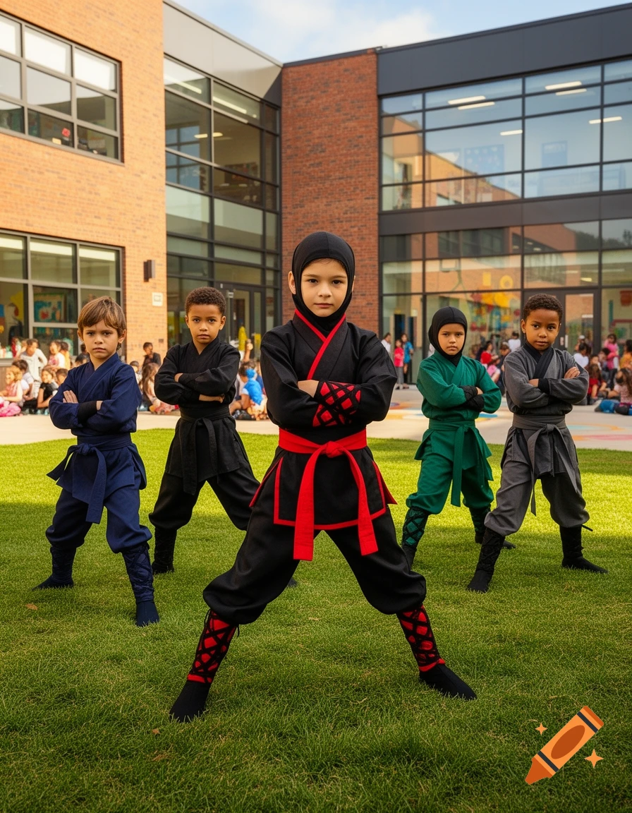 Five young children in colorful ninja costumes pose on a school lawn with a modern building behind them.