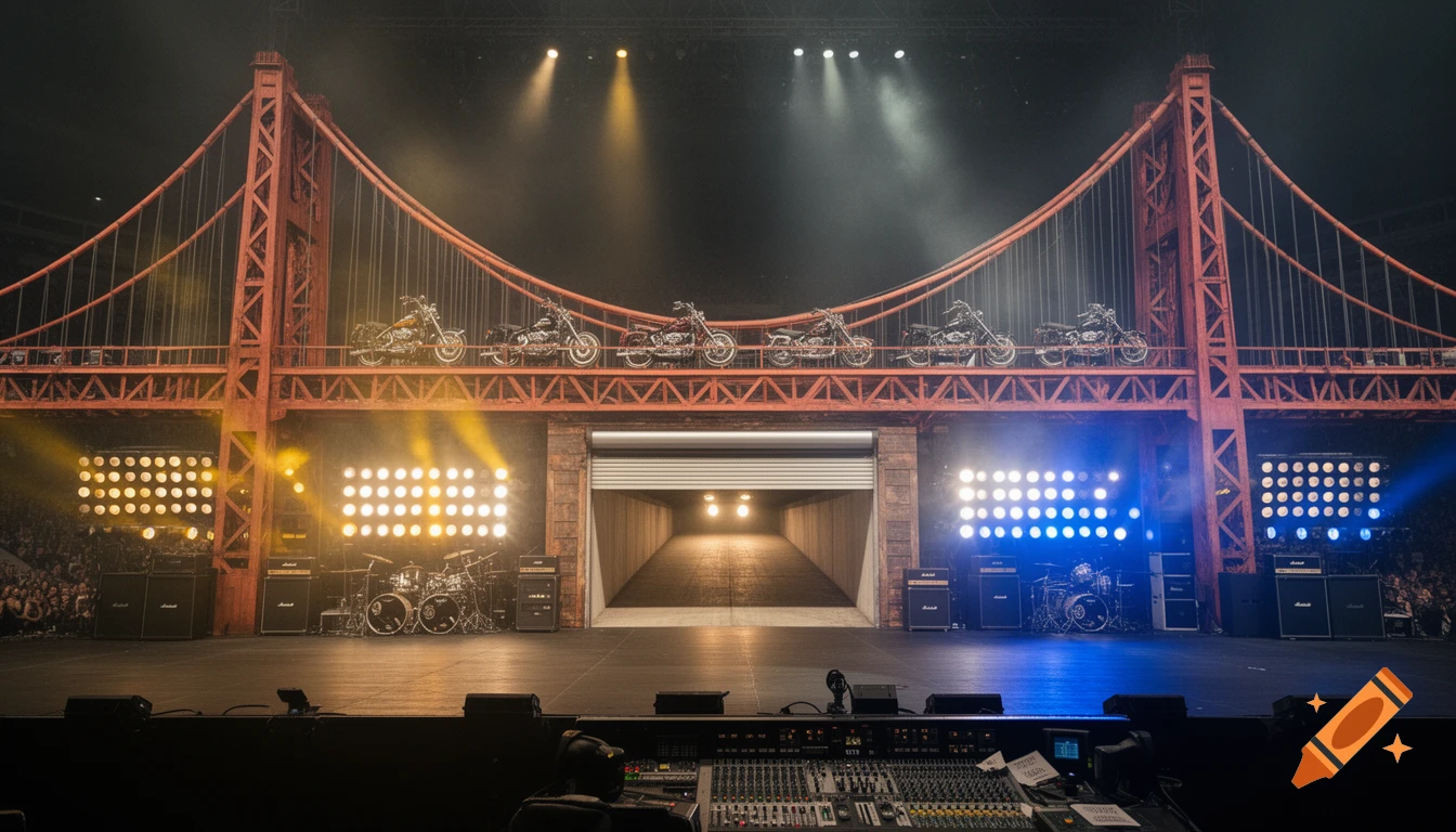 A massive rock concert stage features a red-orange suspension bridge replica with motorcycles, yellow and blue spotlights, and drum kit and Marshall amplifiers, shot from the soundboard.