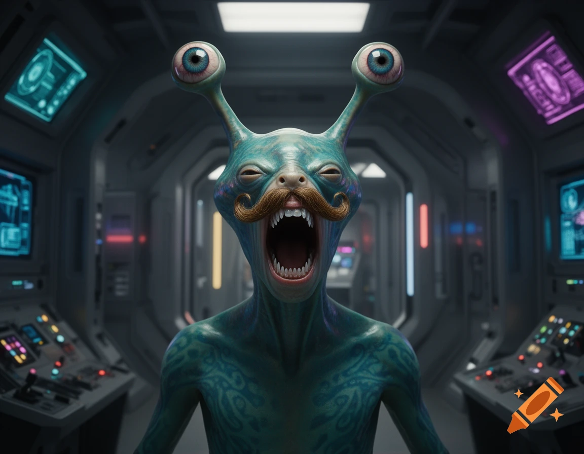 A photorealistic teal alien with eye stalks and a handlebar mustache yells inside a spaceship cockpit.