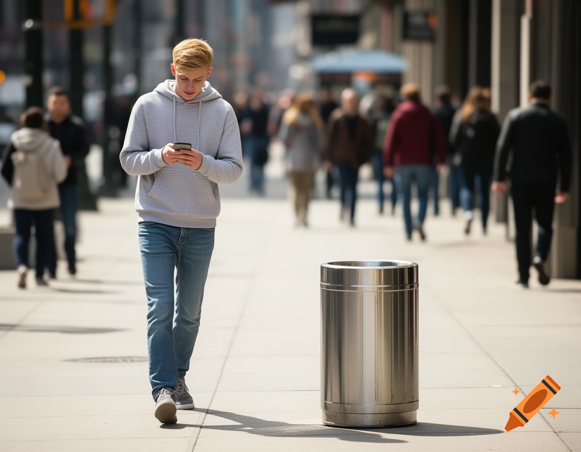 A young man with blonde hair walks on a city sidewalk looking at his phone, passing a metal trash can. Blurred pedestrians are in the background.