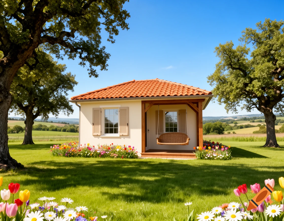 A small house with a porch swing, surrounded by a vibrant flower garden, green lawn, and large trees.