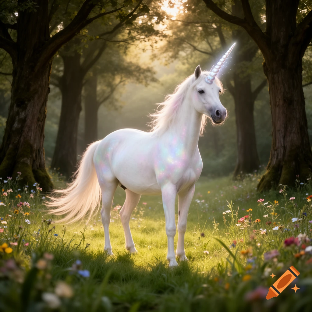 A majestic white unicorn with a glowing horn stands in a sunlit, wildflower-filled forest clearing.
