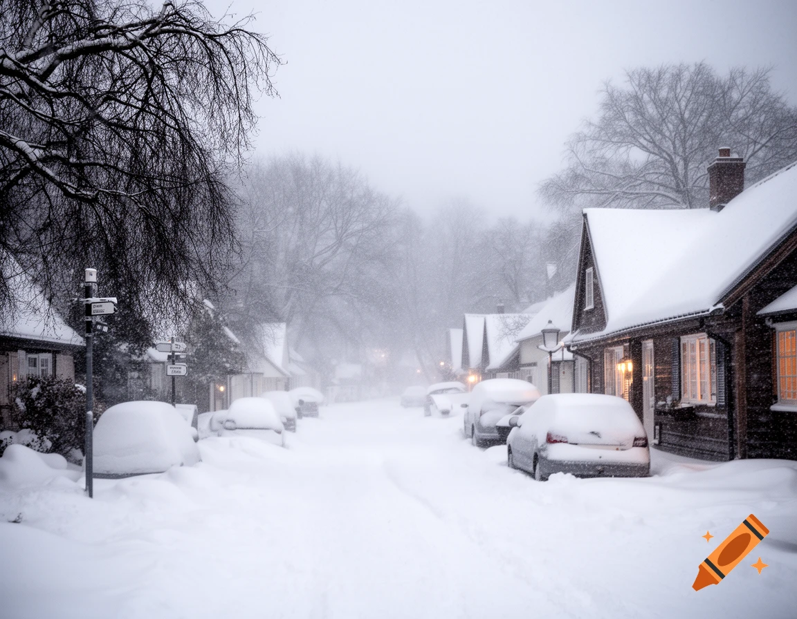 A picturesque village street blanketed in heavy snow during a blizzard, with snow-covered houses and cars.