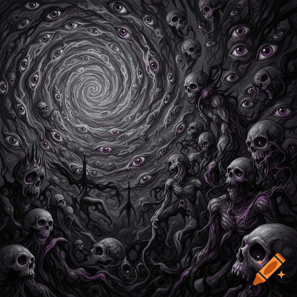 Dark, psychedelic gothic art with a central spiral of eyes, surrounded by skulls, distorted figures, and gnarled structures in shades of gray and purple.
