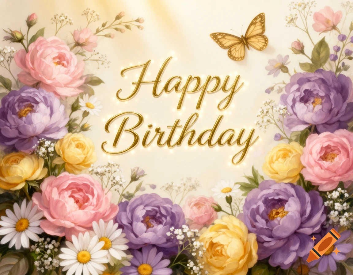 A 'Happy Birthday' card with golden text, surrounded by a vibrant arrangement of pink, purple, and yellow flowers with a butterfly.