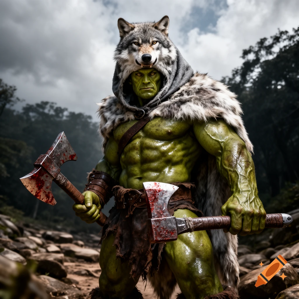 A shirtless green orc barbarian in a wolf pelt cloak holds two bloody axes, standing in a rocky forest.