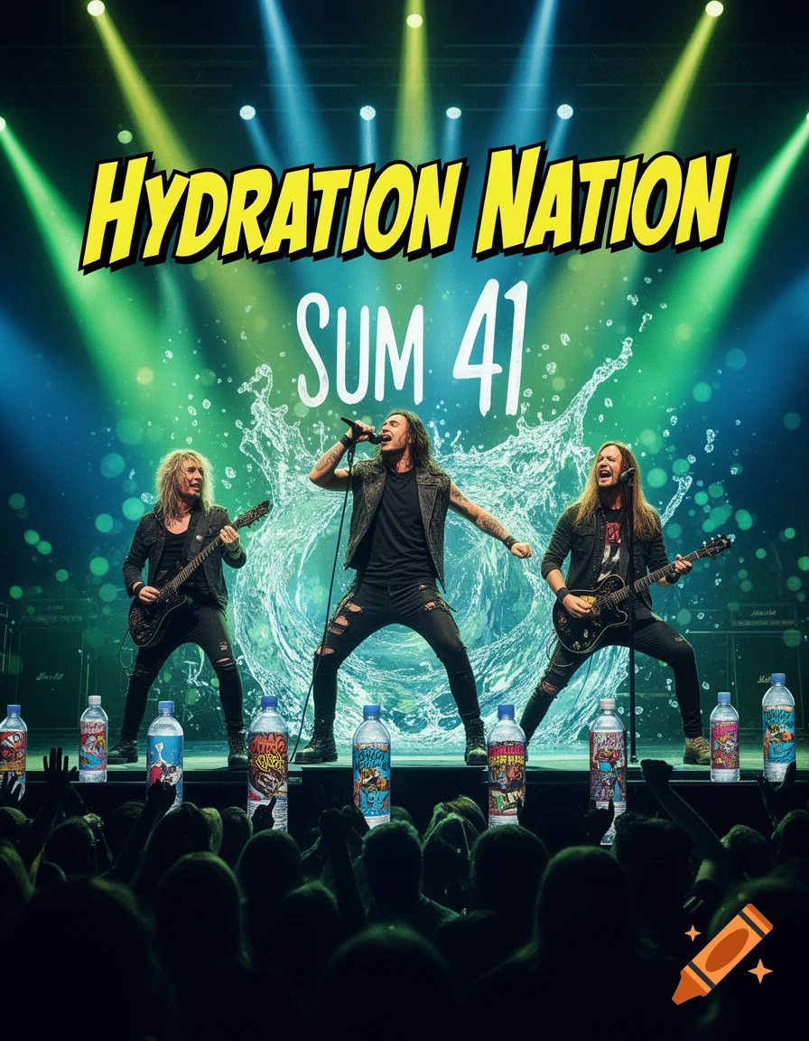 A band resembling Sum 41 performing on stage under green and yellow spotlights, with a large water splash graphic behind them. Above them, text reads "HYDRATION NATION" and "SUM 41". Water bottles with colorful, illegible labels line the front of the stage, and a crowd is visible in the foreground.
