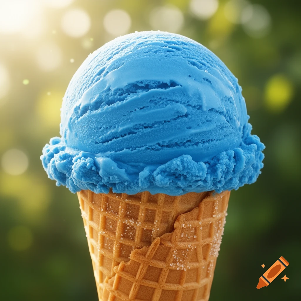 A close-up, photorealistic shot of a vibrant blue scoop of ice cream melting slightly in a sugar cone, with a blurred green background and sun flare.