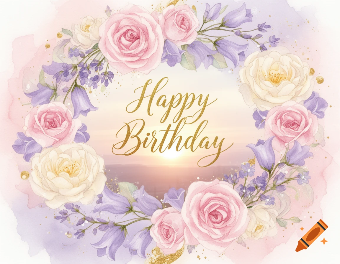 A pastel watercolor happy birthday card featuring a wreath of pink and white roses and purple bellflowers with "Happy Birthday" in gold script.