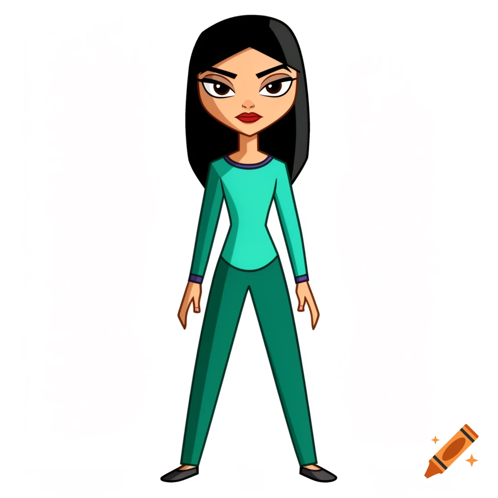 A cartoon female character in Total Drama Island animation style with long black hair, a teal top, and green pants, standing frontally on a white background.