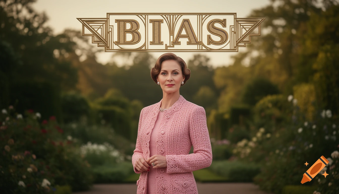 A well-dressed woman in a pink suit stands in a garden with the Art Deco word 'BIAS' floating above her.