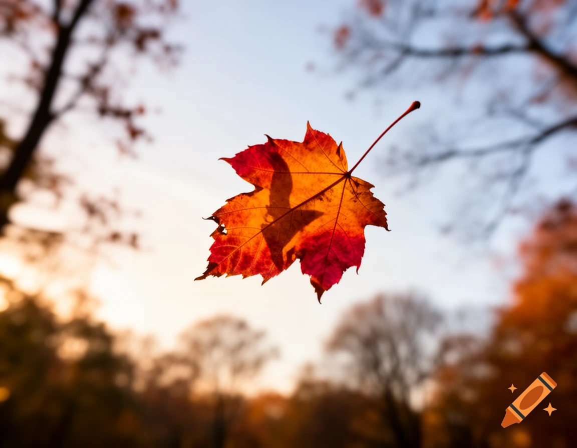 A vibrant red and orange maple leaf floats in the air against a blurred sky and autumn trees, with warm sunlight.