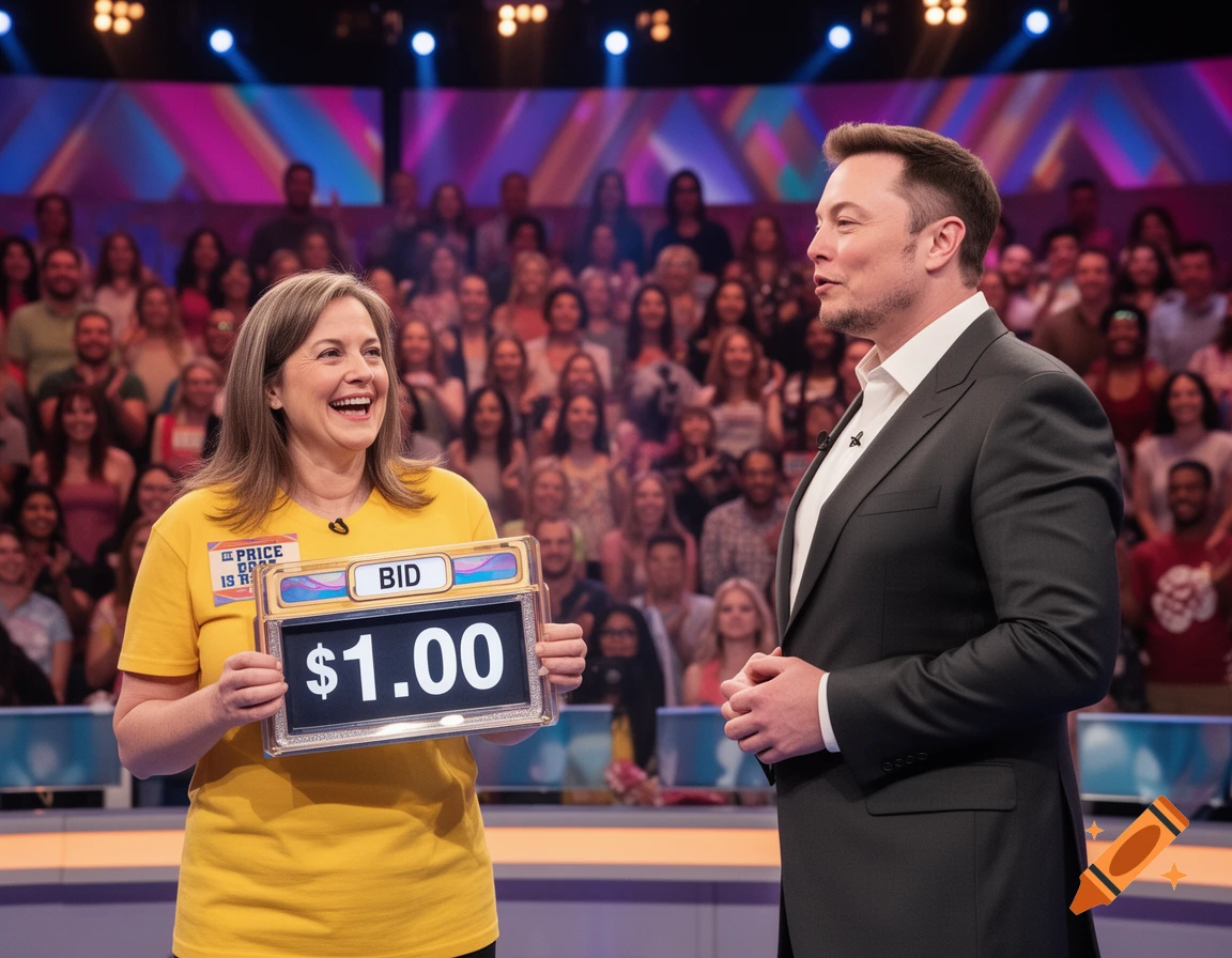 A woman in a yellow shirt laughs while holding a 'BID $1.00' sign next to Elon Musk on a game show stage.