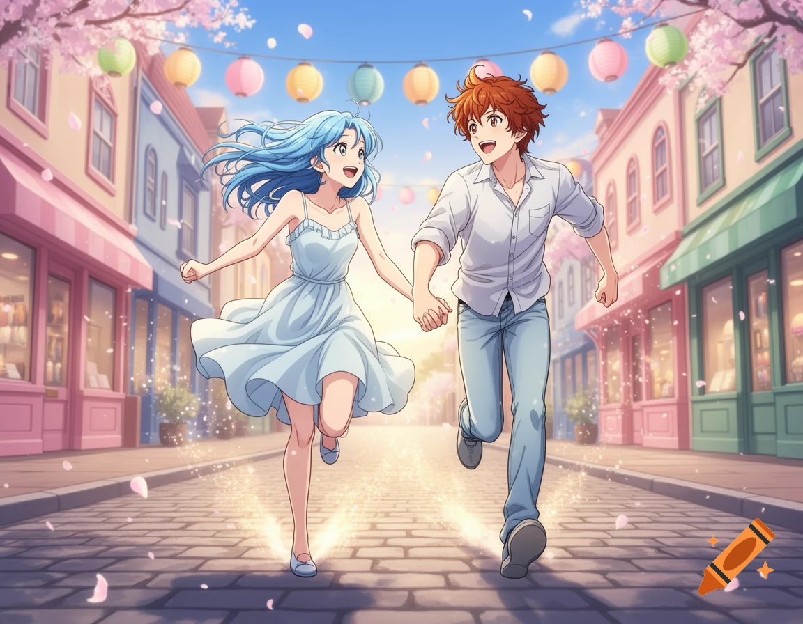 Anime couple holding hands, happily running down a pastel city street under cherry blossoms and lanterns.
