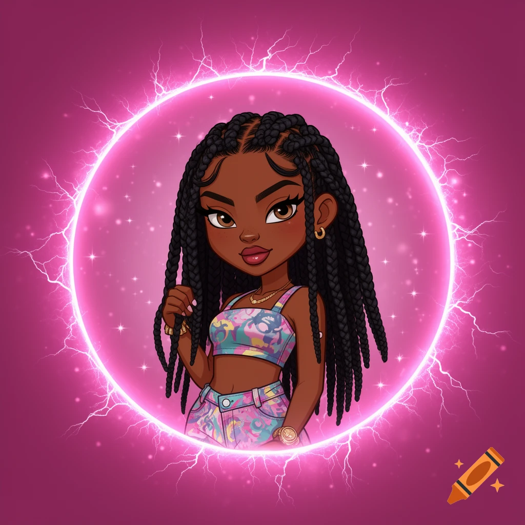 A cute cartoon girl with dark skin and long black braids, wearing a colorful crop top and shorts, against a vibrant pink circle with electric sparks.
