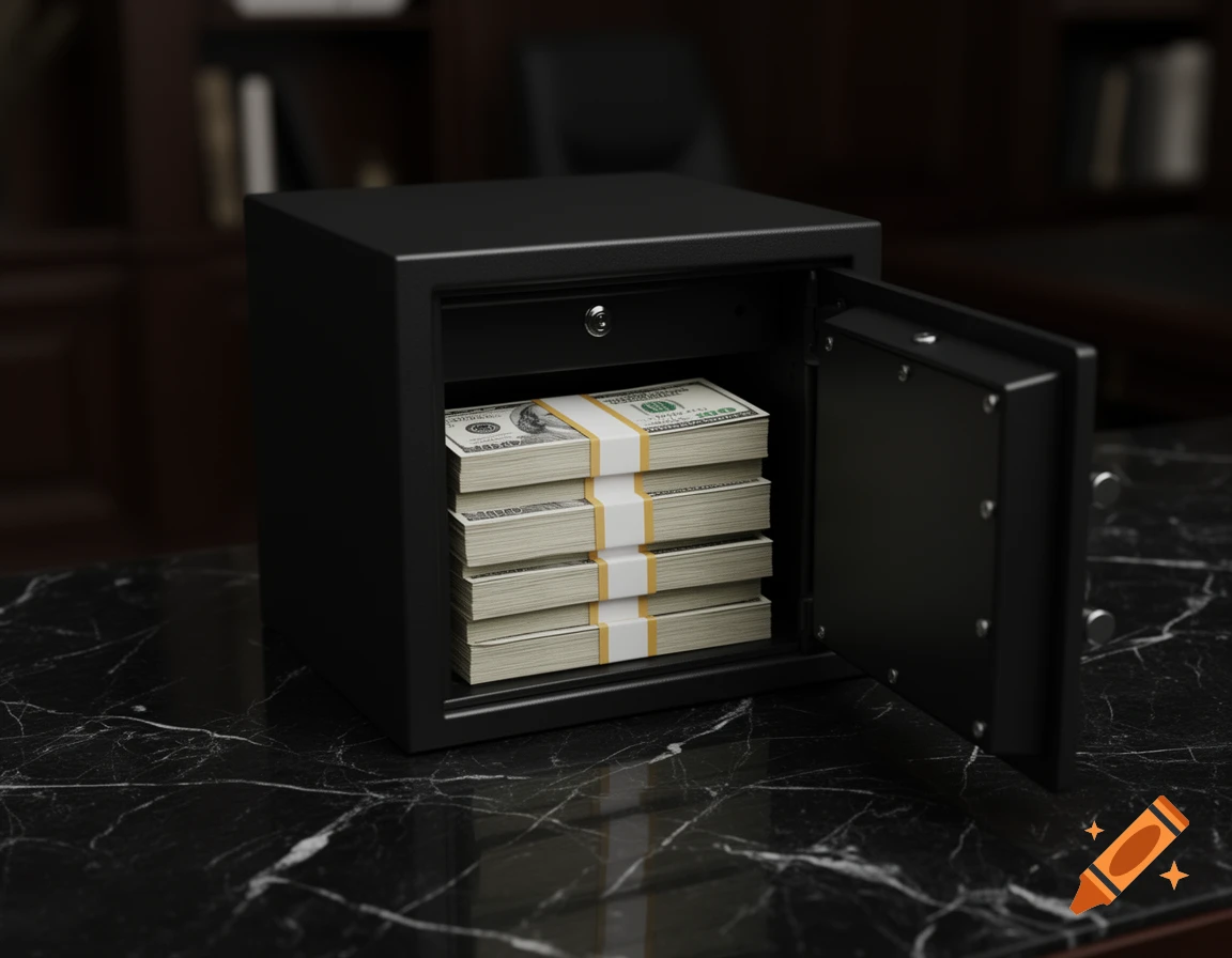An open black safe filled with stacks of US dollar bills sits on a dark marble surface in a photorealistic style.