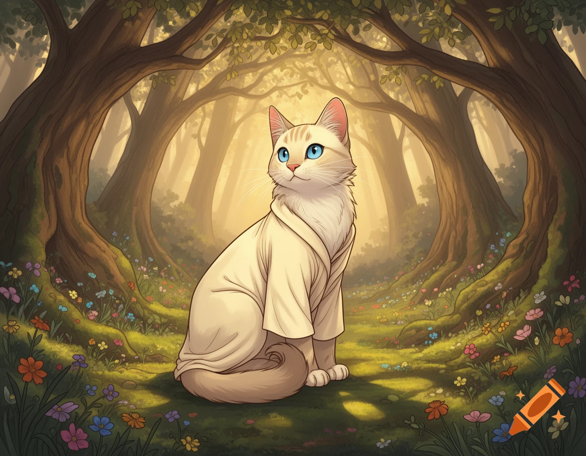 A cream-colored cat with blue eyes wearing a cream robe sits in a sunlit fantasy forest filled with colorful wildflowers.