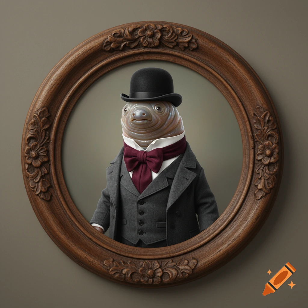 A tardigrade in a black bowler hat, grey Victorian suit, and burgundy bow tie, depicted in an ornate round wooden frame.