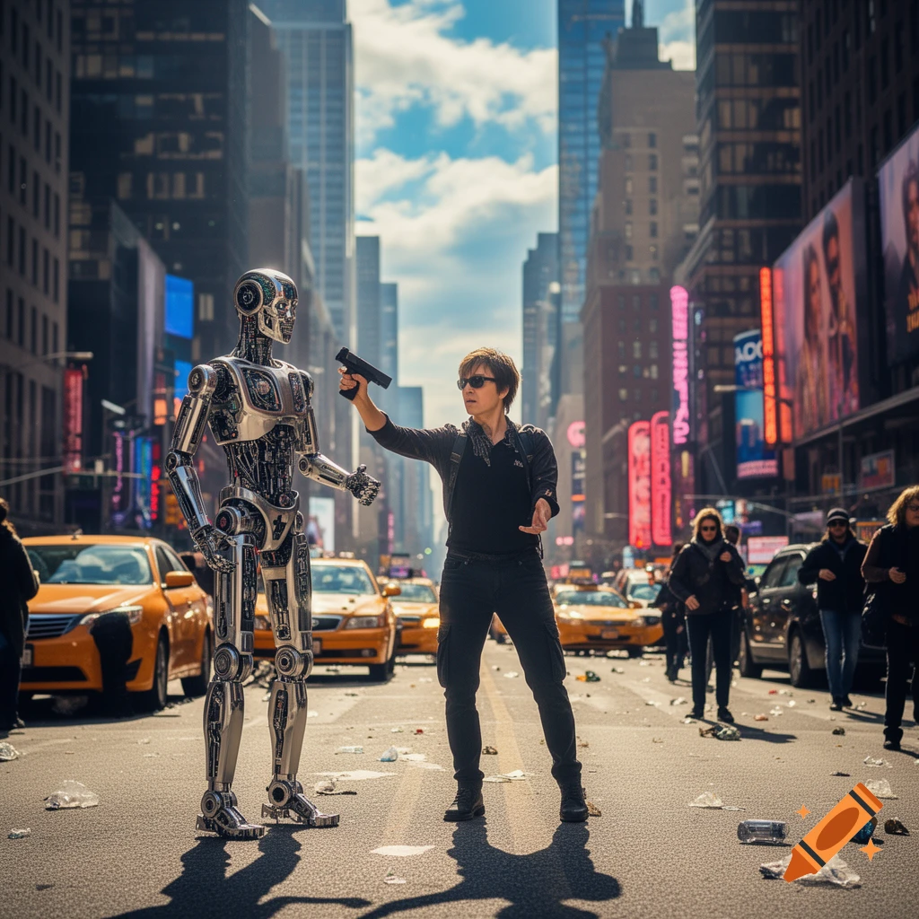A person in sunglasses points a handgun at a humanoid robot in the middle of a busy New York City street with taxis and billboards.