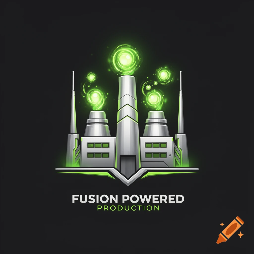 A stylized illustration of a grey and silver fusion power plant with glowing green energy, and text 'FUSION POWERED PRODUCTION'.
