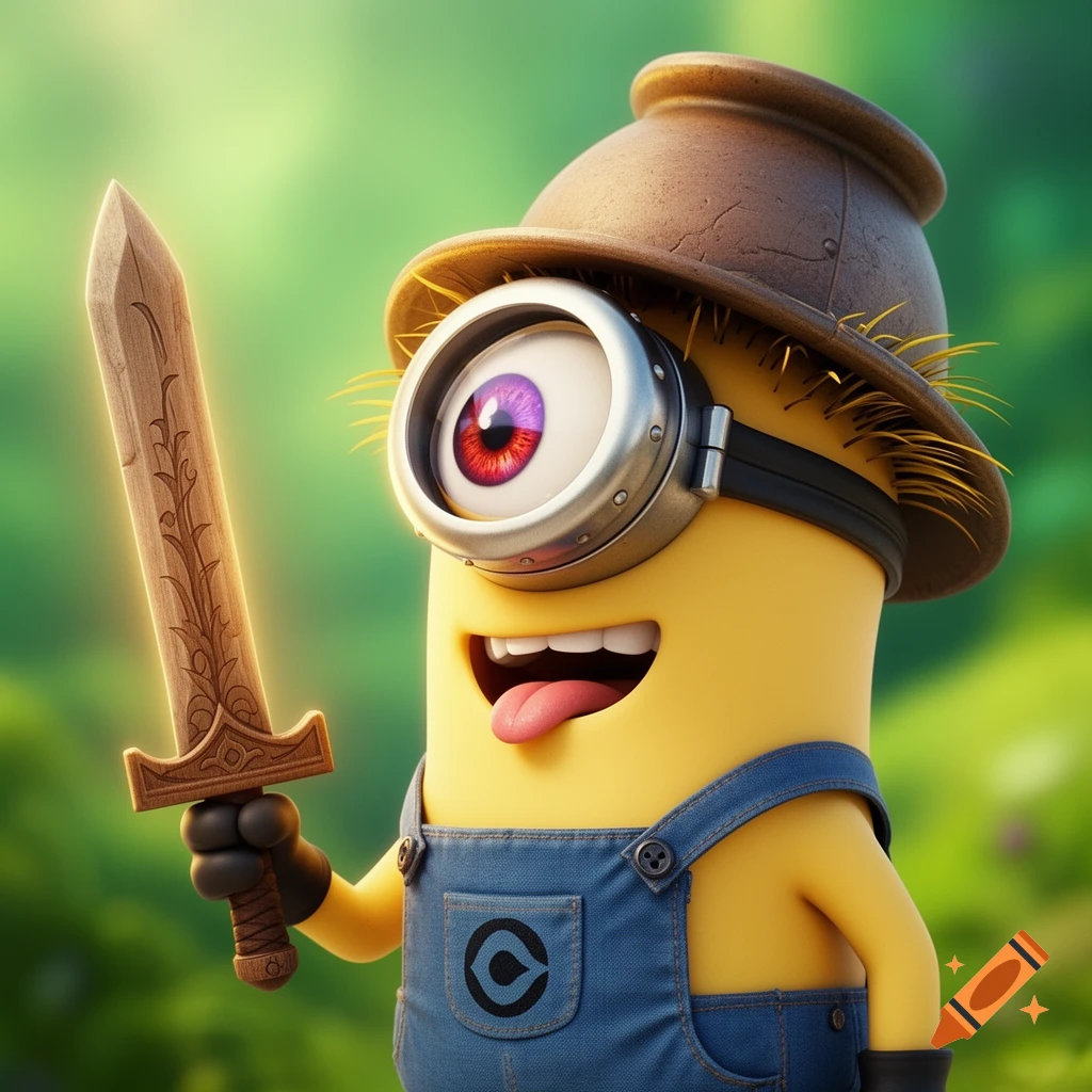 A joyful, one-eyed Minion in a pot helmet and blue overalls holds a wooden sword, laughing with its tongue out against a green background.