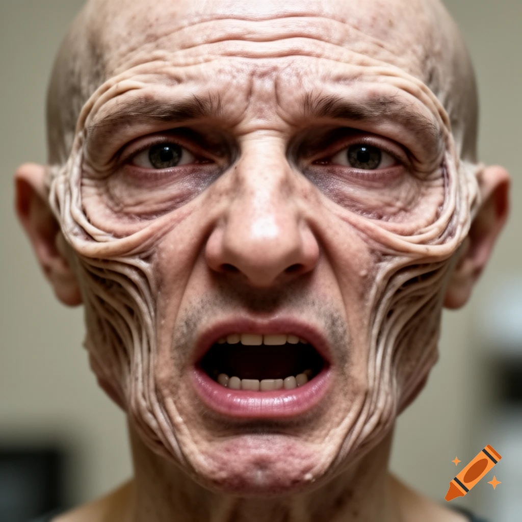 Close-up of a bald, extremely wrinkled, grotesque human face with an open mouth, appearing distressed or screaming, in a photorealistic style.
