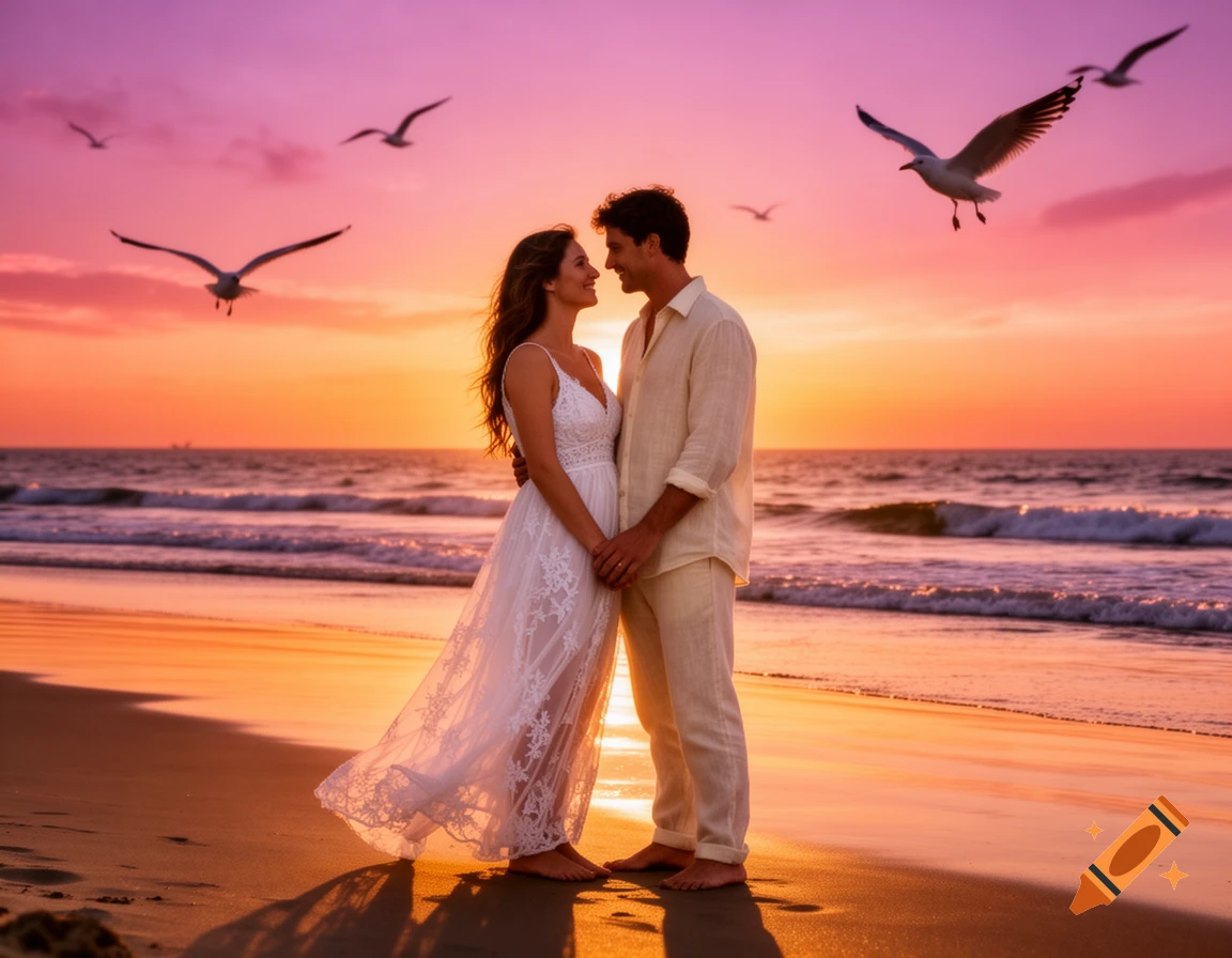 Photorealistic image of a romantic couple holding hands on a beach at sunset, with seagulls flying over the ocean.