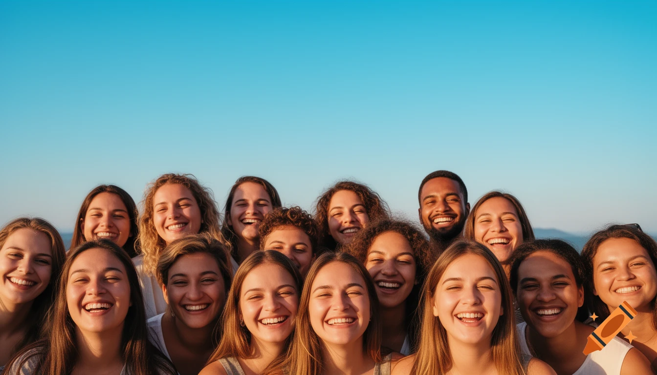 A diverse group of smiling people with broad grins look directly at the camera under a clear blue sky.