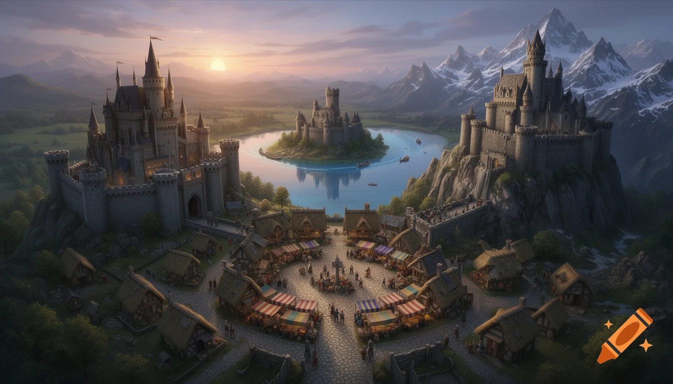 An overhead view of a detailed medieval fantasy town with three castles, a lake, and a bustling marketplace at sunset.