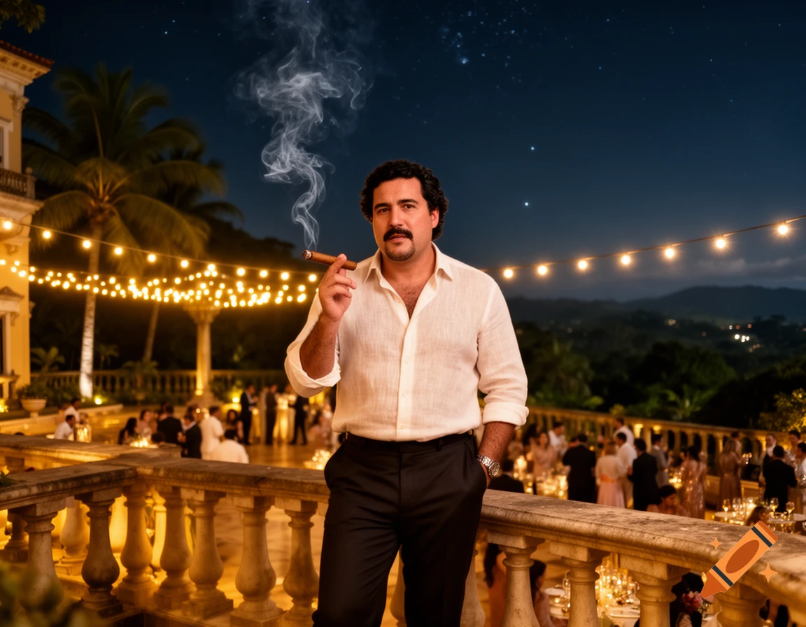 A man with a mustache smokes a cigar on a grand balcony overlooking a lively night party at a luxurious mansion.