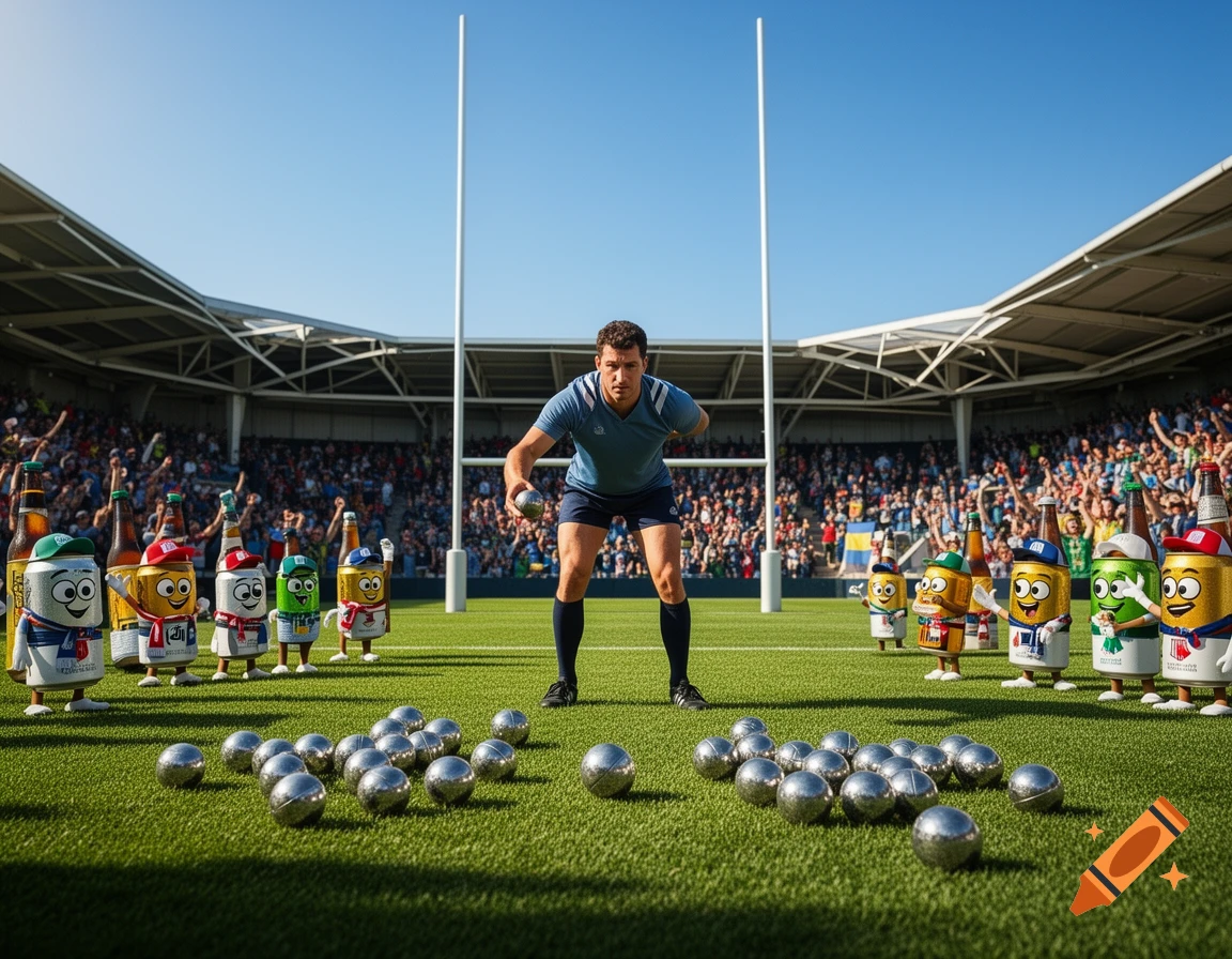 A man plays petanque on a rugby field with goalposts, surrounded by bottle and can mascots, as a crowd watches from the stands.