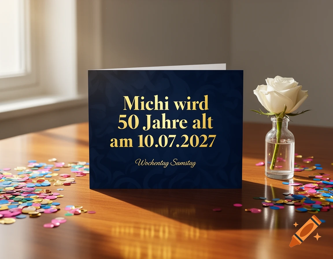 A blue birthday card with gold text, 'Michi wird 50 Jahre alt am 10.07.2027 Wochentag Samstag', confetti, and a white rose on a wooden table.