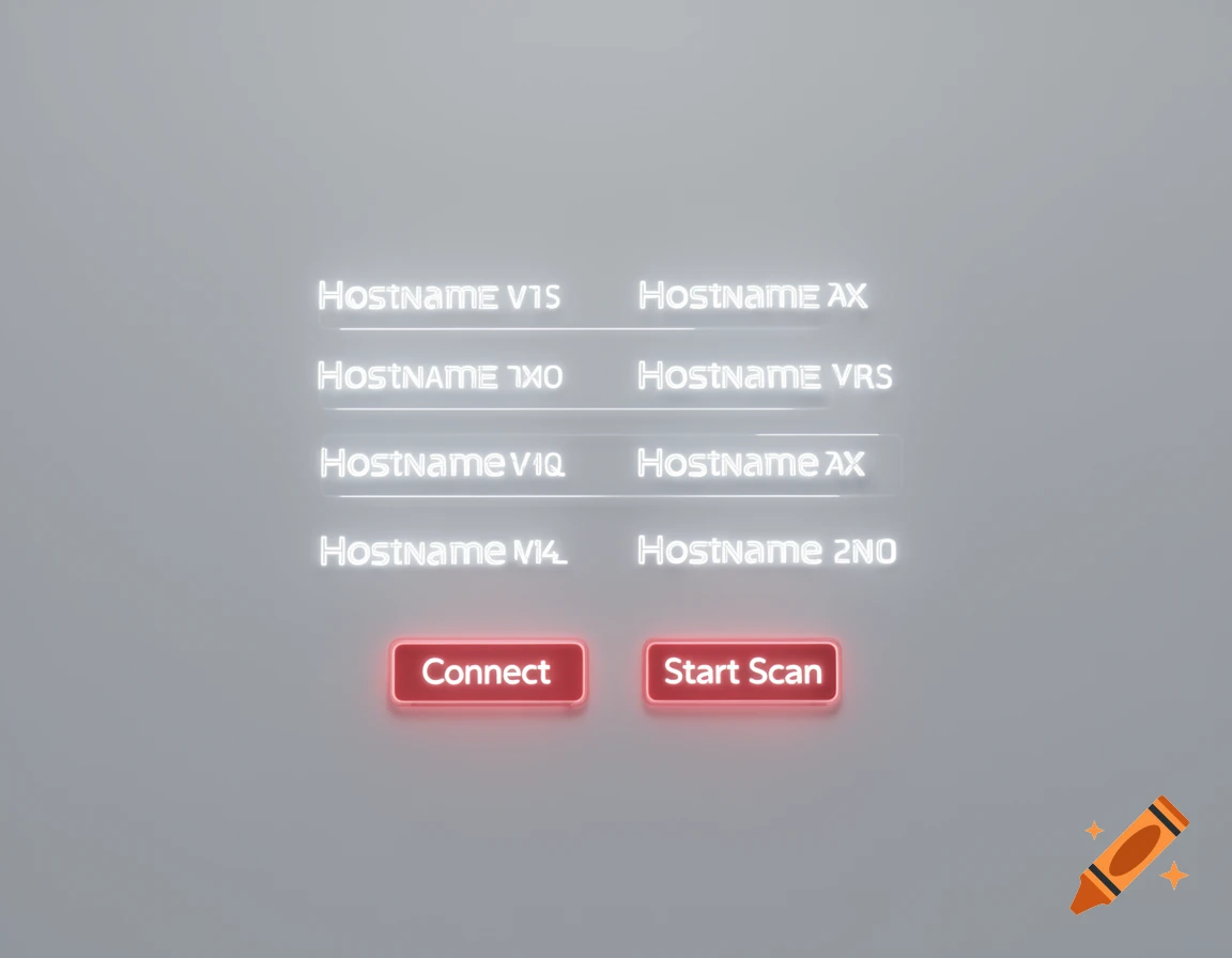 A minimalist light gray UI with eight hostname entries in a neon-like font, and two neon red buttons labeled 'Connect' and 'Start Scan' on a light gray background.