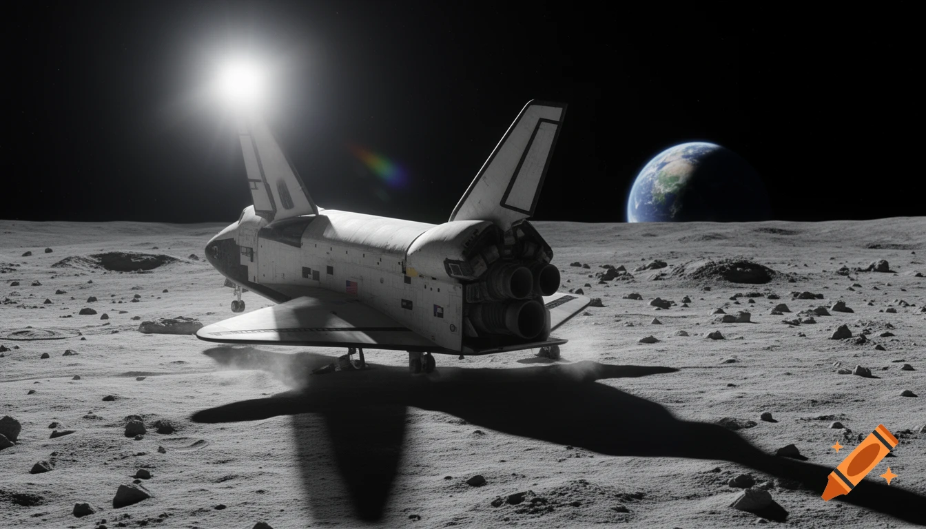 A photorealistic space shuttle rests on the dusty, cratered surface of the moon, with a radiant sun flare and Earth visible in the dark sky.